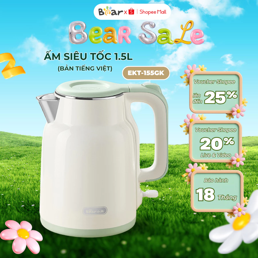 Ấm siêu tốc 1.5L Bear Bear EKT-155GK, 1500W, Đun Nước Nhanh, Lõi Inox304, Tự Ngắt, Bảo Hành 18 Tháng
