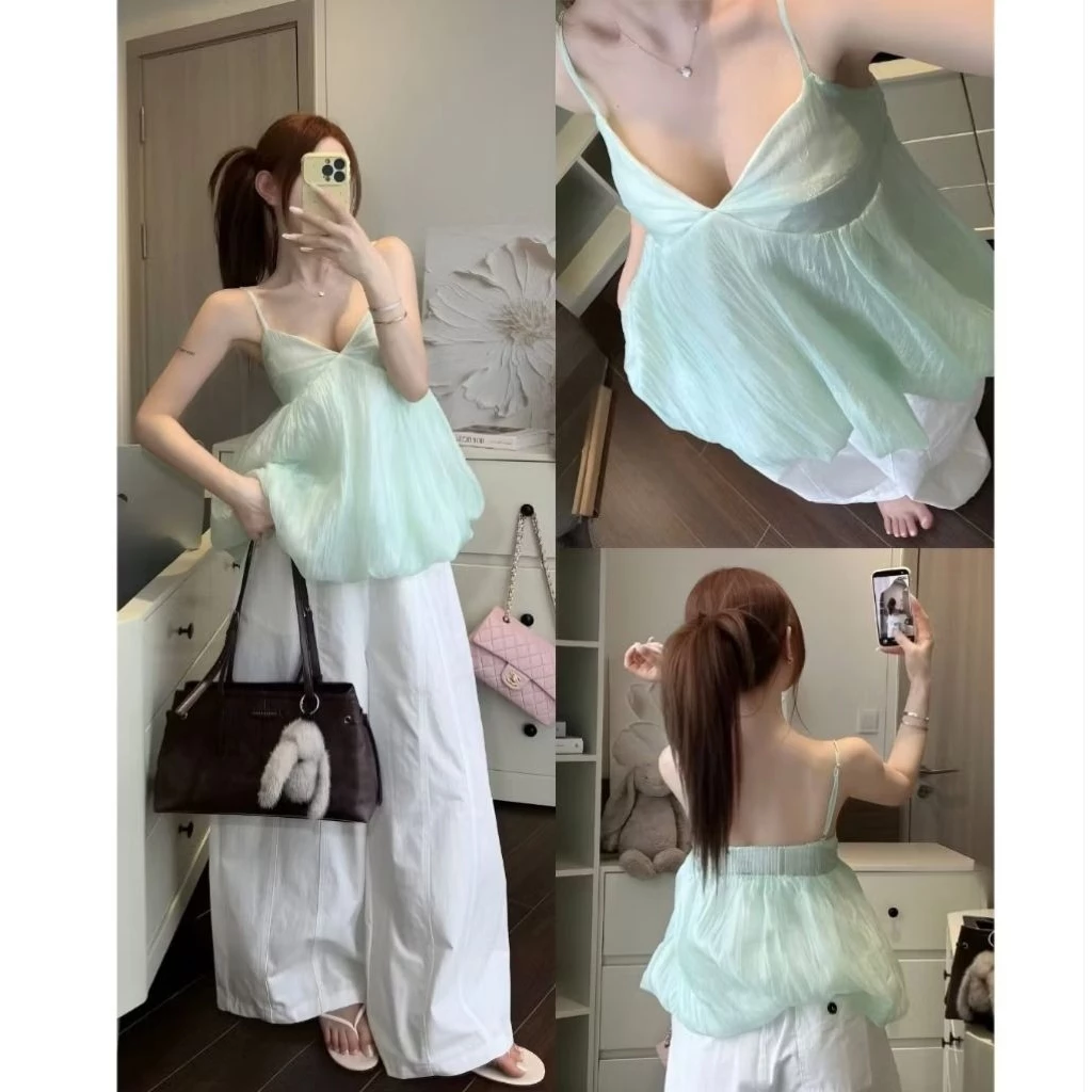 729 - Áo Bí Hai Dây Xanh Tiffany Chất Tơ Cao Cấp