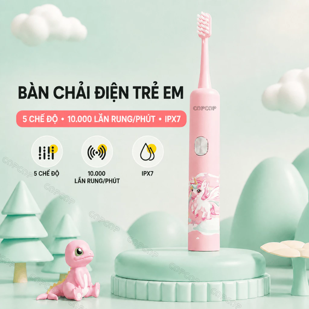Bàn Chải Điện Trẻ Em COPCOP 3+ Tuổi, 5 Chế Độ Chải, Lông Bàn Chải Mềm, Chống Nước IPX7, Bảo hành 12 Tháng