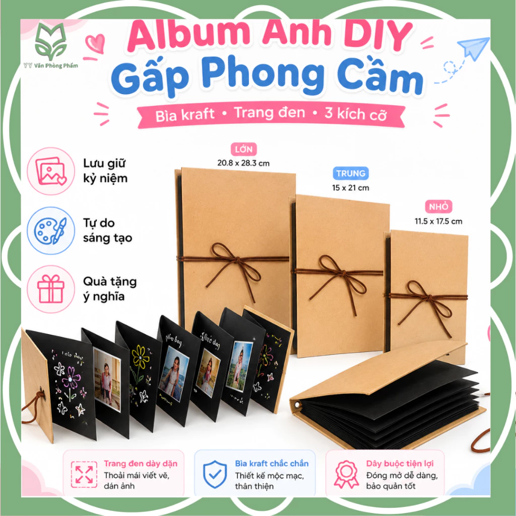 Album Lưu Niệm DIY Gấp Accordion | Bìa Kraft Dây Buộc, Trang Giấy Đen Làm Scrapbook Quà Tặng