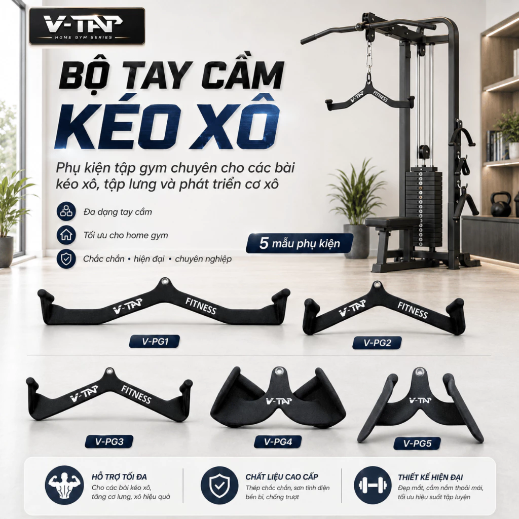 Tay cầm kéo cáp tập gym, thanh tập kéo xô V-TAP Hàng nhập khẩu