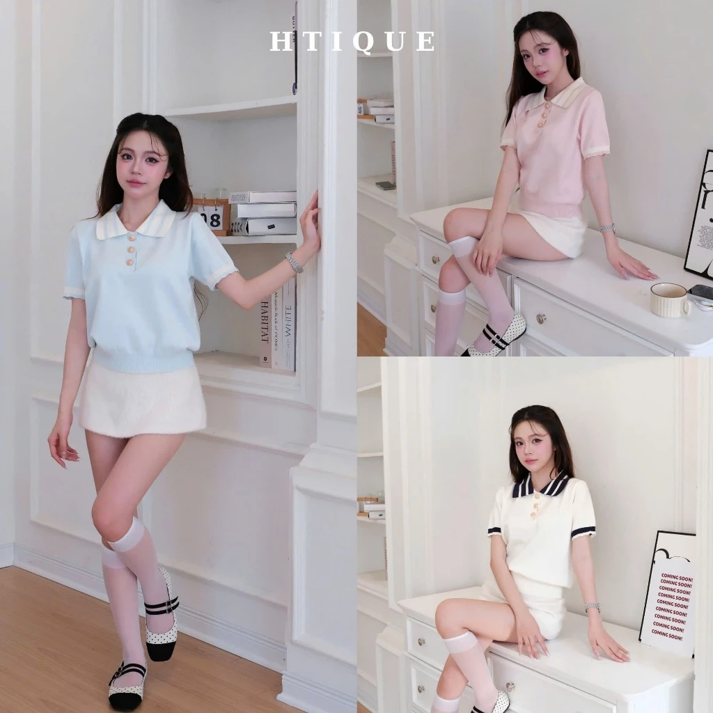 (BACK TO SCHOOL) HTIQUE - Mở Bán Áo Polo Len Dệt Kim Cổ Phối Viền Nút Vàng Thanh Lịch, Áo Len Cộc Tay Co Dãn Cổ Bẻ LN21