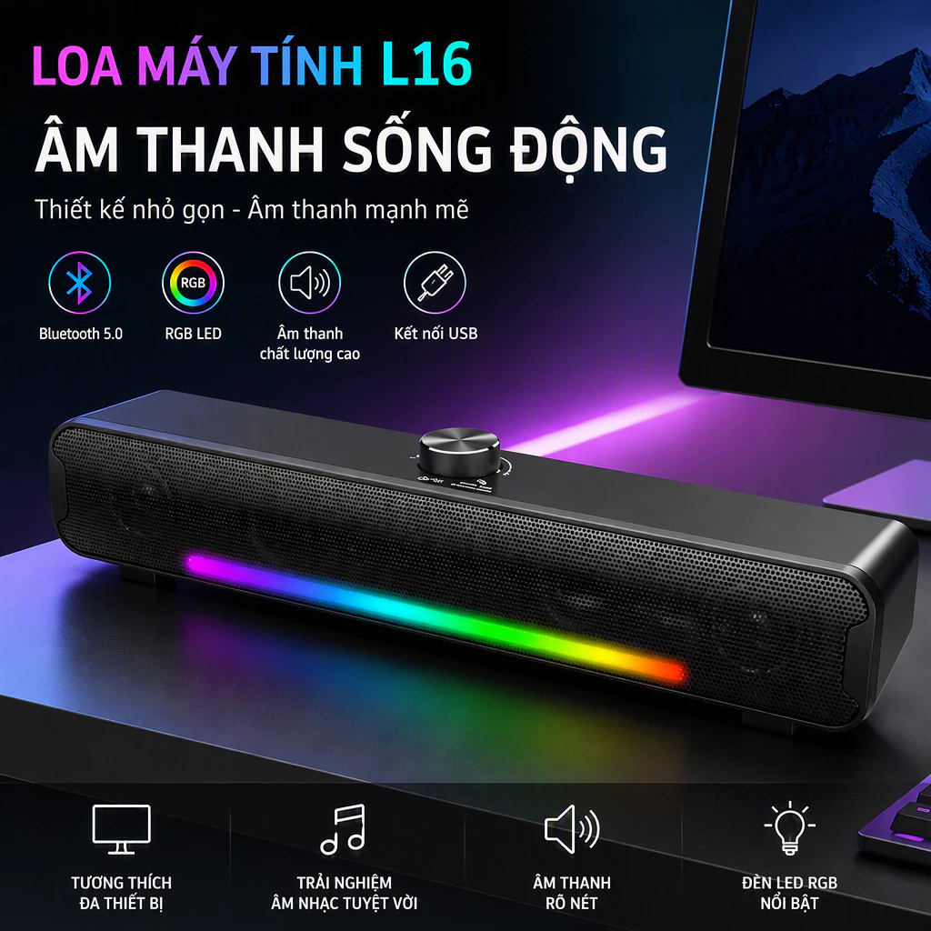Loa Máy Tính onikuma L16 Bluetooth Laptop Để Bàn Loa Thanh Máy Tính Mini Có Dây Pc Tivi ipad Bass Mạnh Có Đèn Led RGB