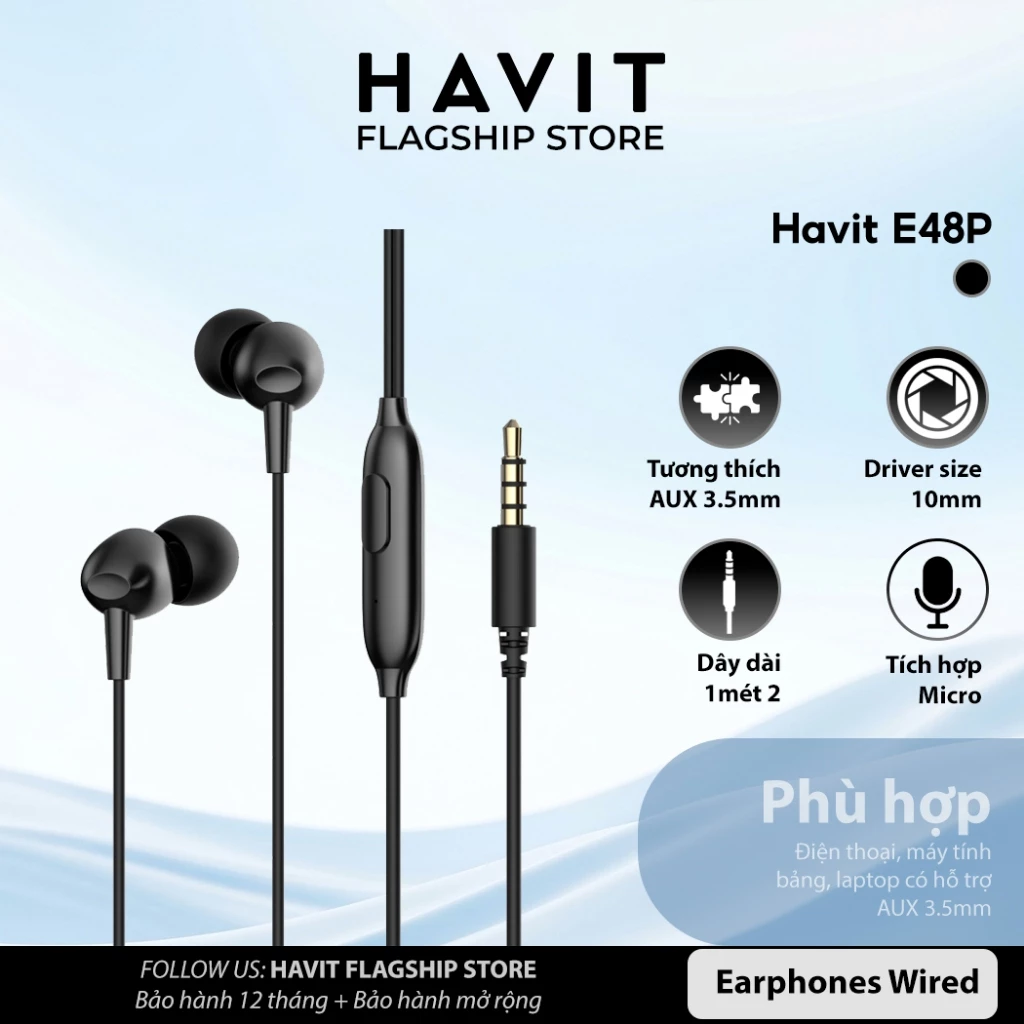 Tai Nghe Có Dây Havit E48P Jack Cắm AUX Thiết Kế Bền Nhẹ Kiểu Dáng In-ear