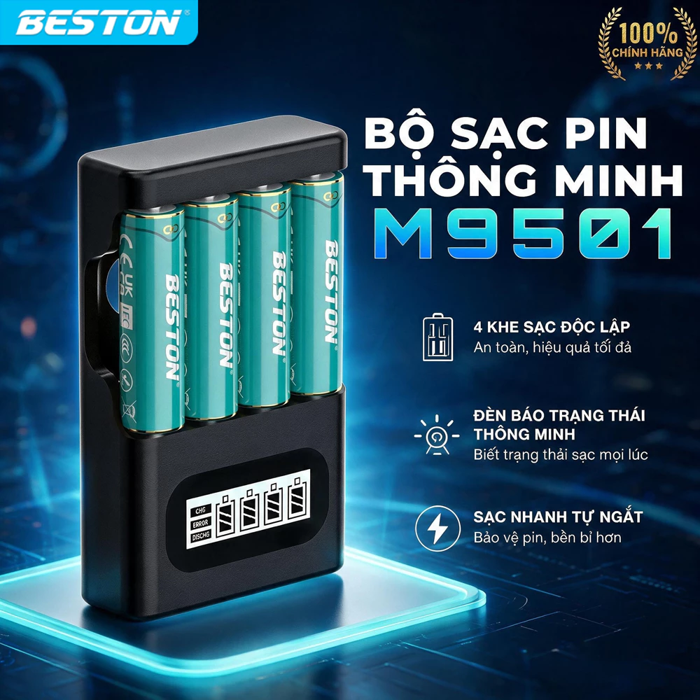 Bộ sạc pin Beston M9501 sạc cho cả pin AA và AAA pin 1.2V và 1.5V, cổng sạc type C , hỗ trợ sạc nhanh type C