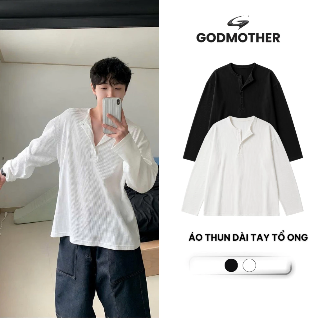 Áo Dài Tay Nam Nữ GODMOTHER Phối Cúc Áo Thun Thu Đông Cổ Henley Chất Liệu Tổ Ong Mềm Mại Thoải Mái