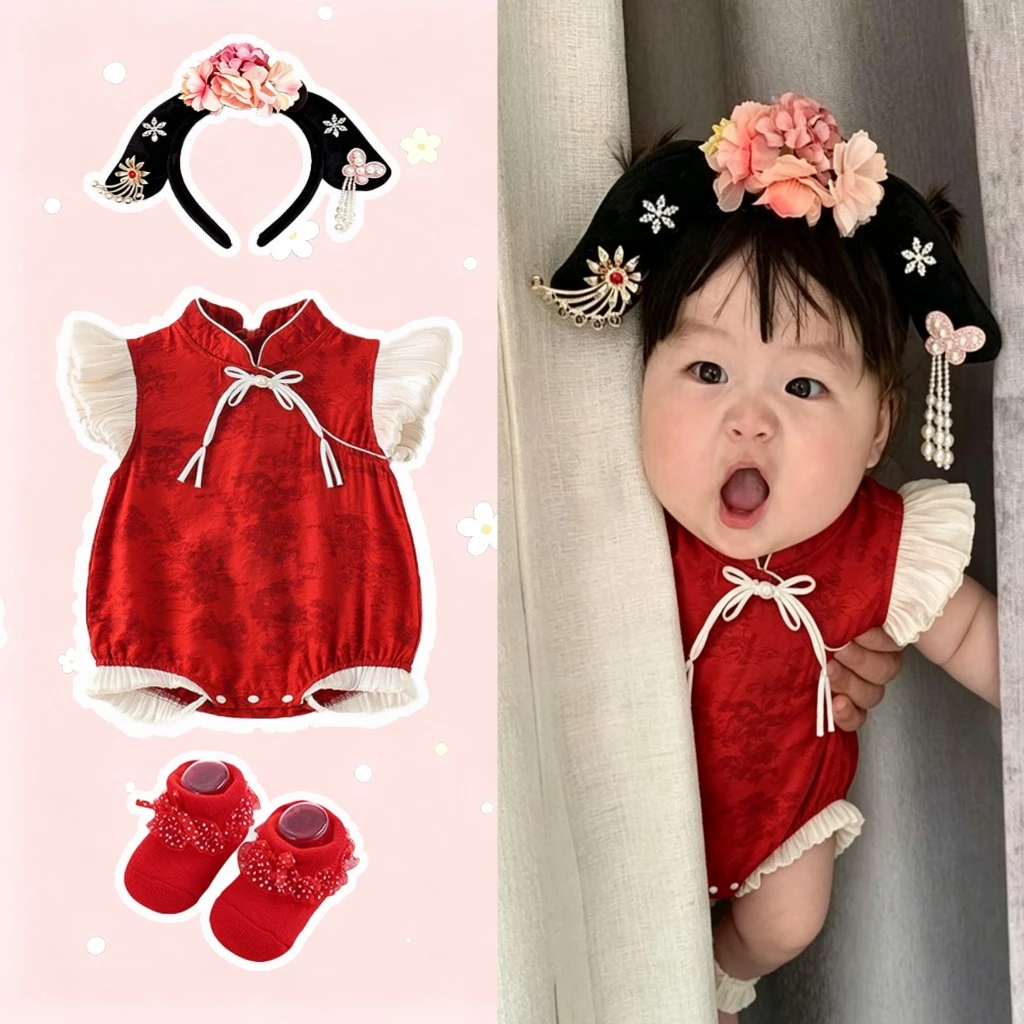 CNY Newborn Baby Girl Cheongsam Red Jumpsuit Flying Sleeve New Year Costume Wrap Fit Clothes for Festive Celebrations