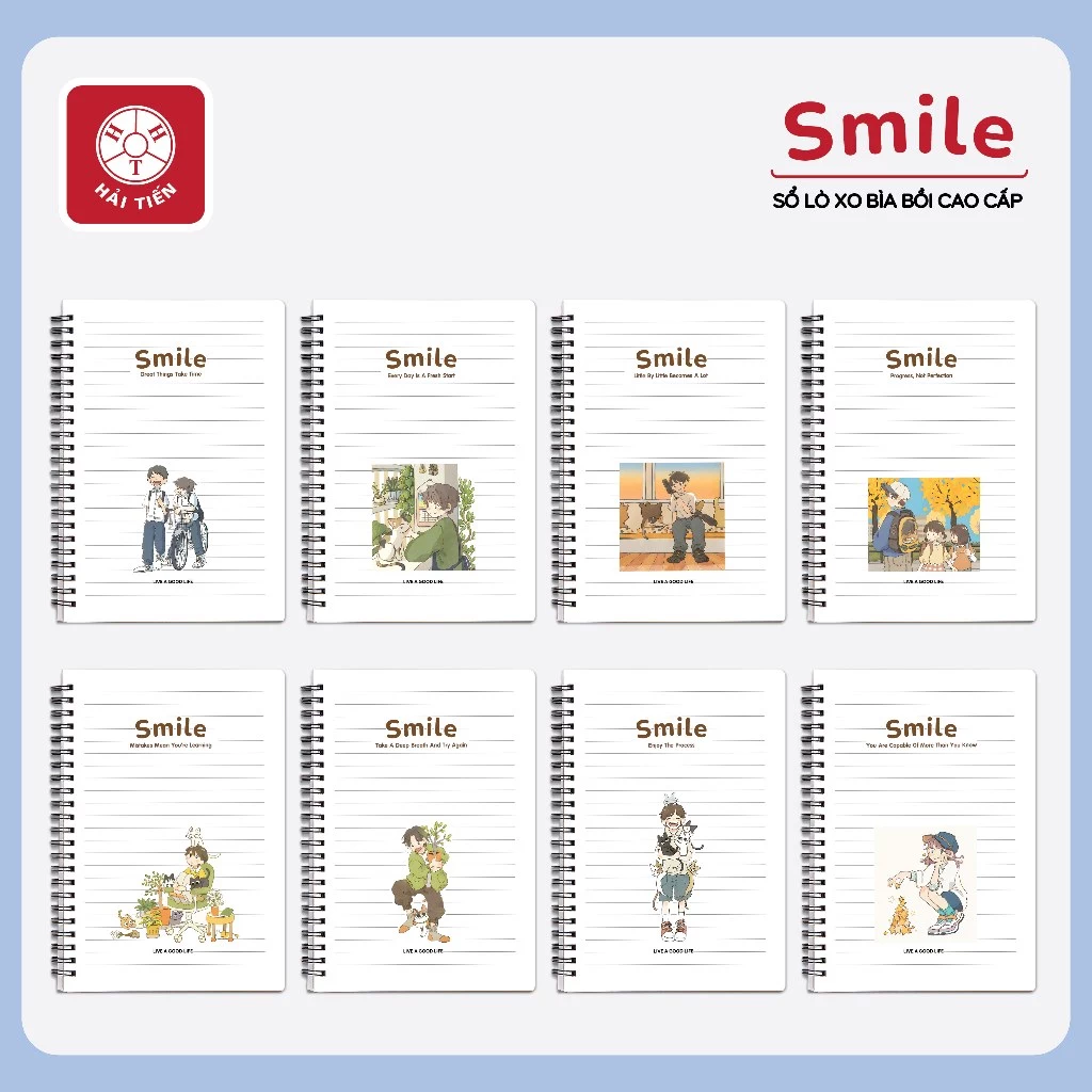 HẢI TIẾN Sổ lò xo bìa bồi Cao cấp - Smile - ĐL 80g/m2 - Dòng kẻ ngang - Nhiều kích cỡ (B5,A5,A6,A7) - 200 trang