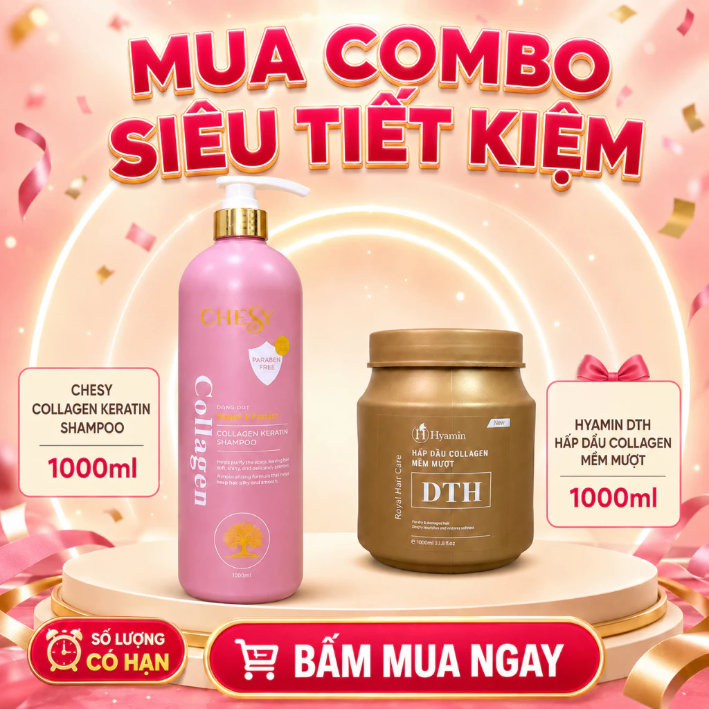 Combo Chăm Tóc Dầu Gội Hyamin Chesy 1000ML và Ủ Tóc Hyamin DTH Collagen Keratin 1000ML Phục Hồi Tóc Khô Xơ Hư Tổn