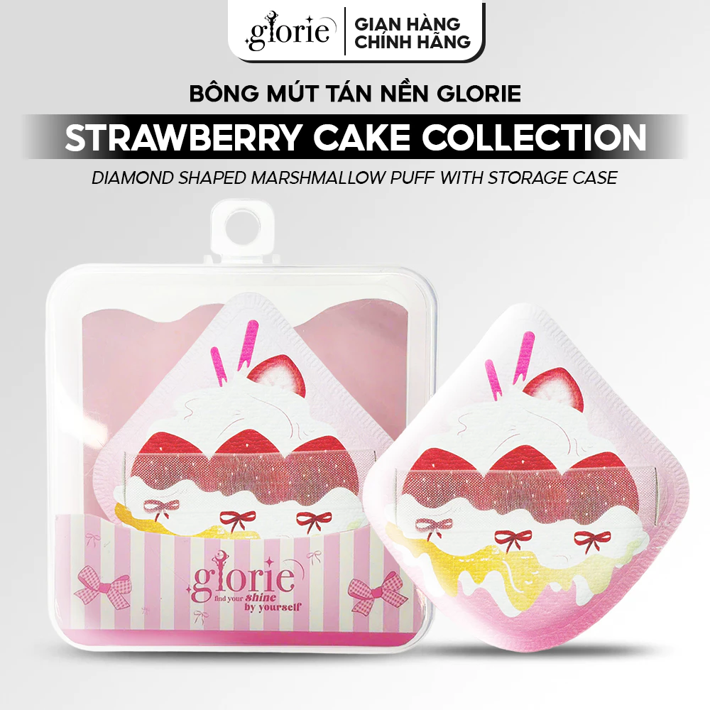 Bông Mút Tán Nền Glorie Strawberry Cake Collection - Diamond Shaped Marshmallow Puff With Storage Case