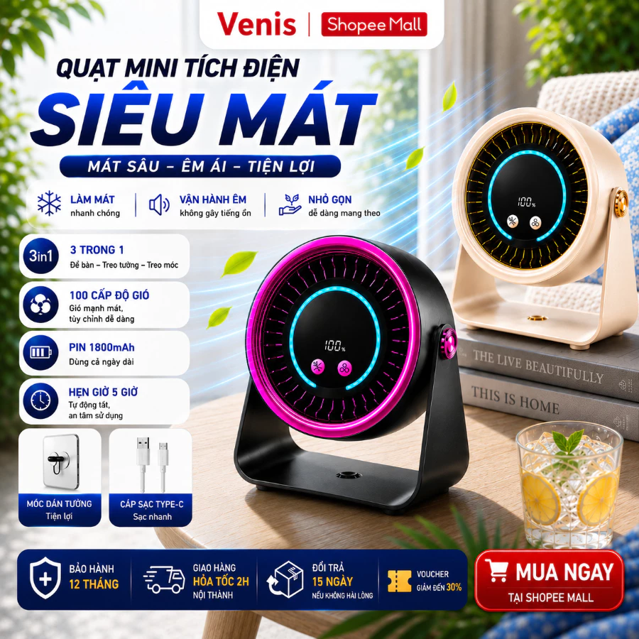 Quạt Tích Điện Cao Cấp 100 Cấp Gió Để Bàn Treo Tường Màn Hình LCD Pin 4-6H Gió Siêu Mạnh
