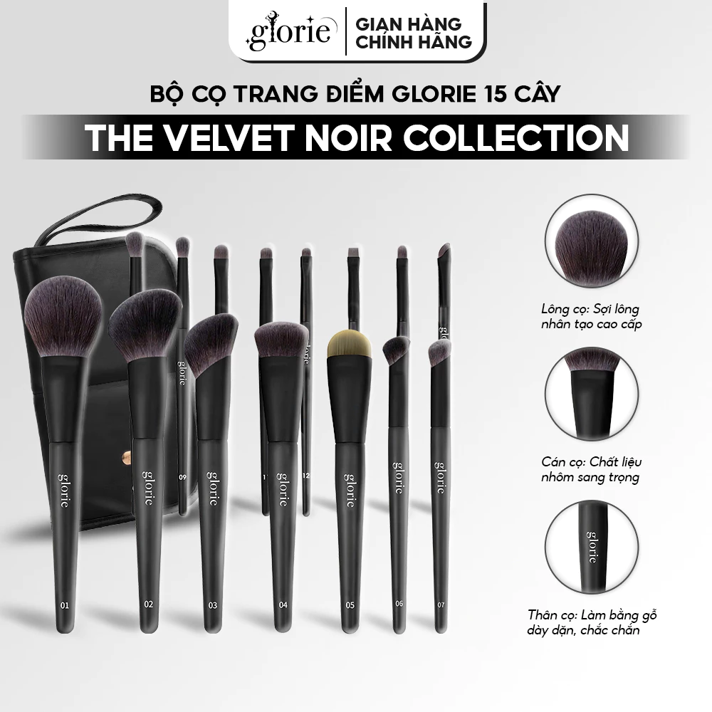 [TẶNG TÚI DA ĐEN] [KHÔNG NHẬN KHẮC TÊN TẠI SÀN] Bộ Cọ Makeup Glorie 15 Cây The Velvet Noir Collection