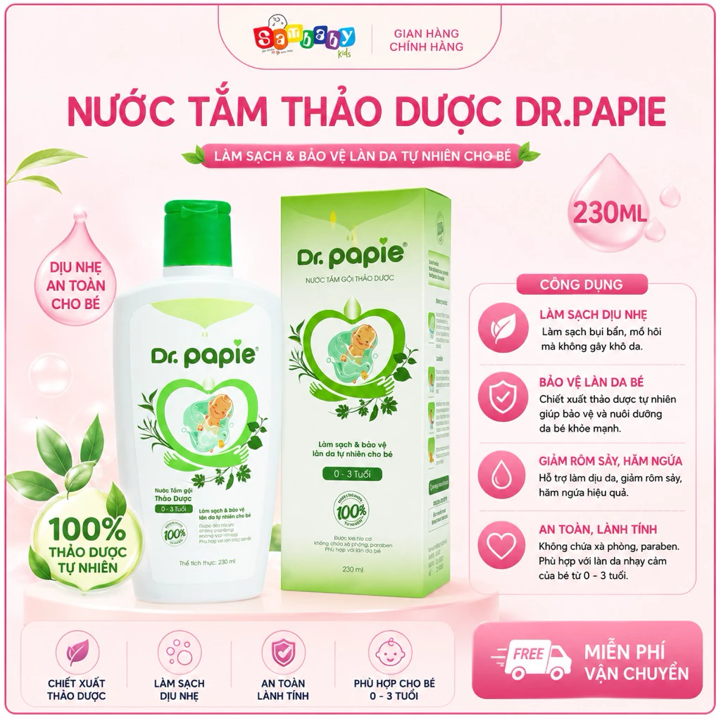 Nước tắm gội thảo dược chống rôm sảy Dr Papie cho bé