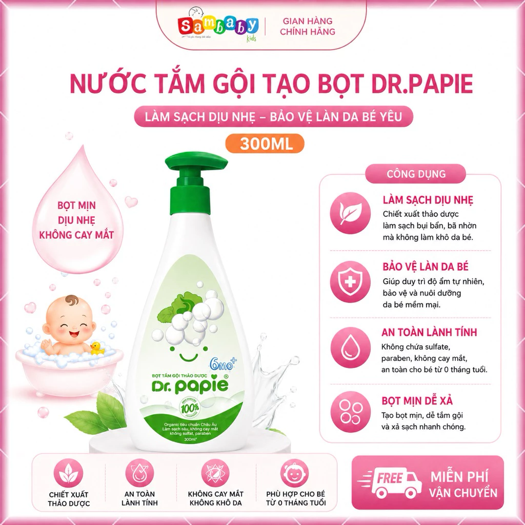 Sữa Tắm Gội Tạo Bọt Thảo Dược Cho Bé Dr Papie 300ml
