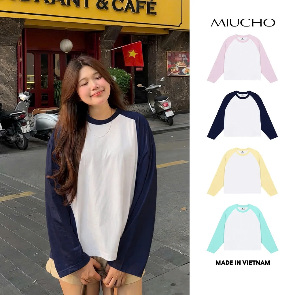Áo thun nữ tay dài phối màu raglan trơn form boxy Miucho ATT00076