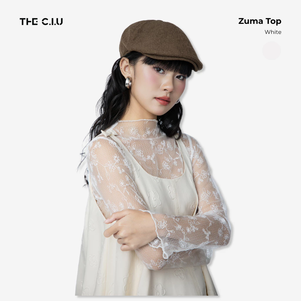 Áo kiểu ren hoa tay dài xuyên thấu THE C.I.U, áo phối trong nữ chất ren mềm - Zuma Top (ko kèm đầm)