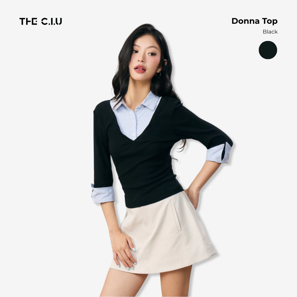 Áo sơ mi nữ phối layer cổ vest THE C.I.U, áo kiểu sơ mi form ôm tay lửng phối 2 màu – Donna Top