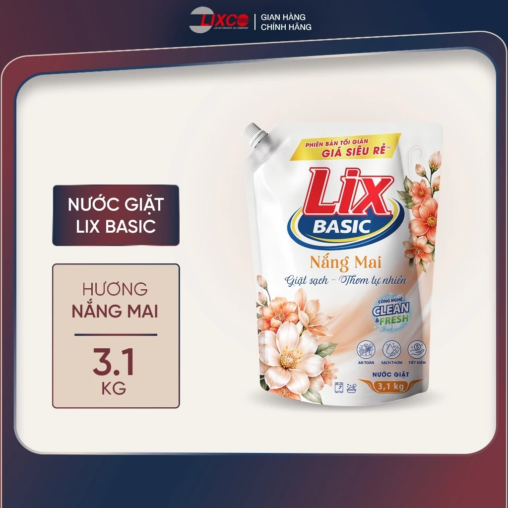 [SVIP] Nước Giặt Lix Basic Túi 3.1KG Hương Sương Mai/Nắng Mai Lưu Hương Nhẹ Nhàng - Lixco Việt Nam
