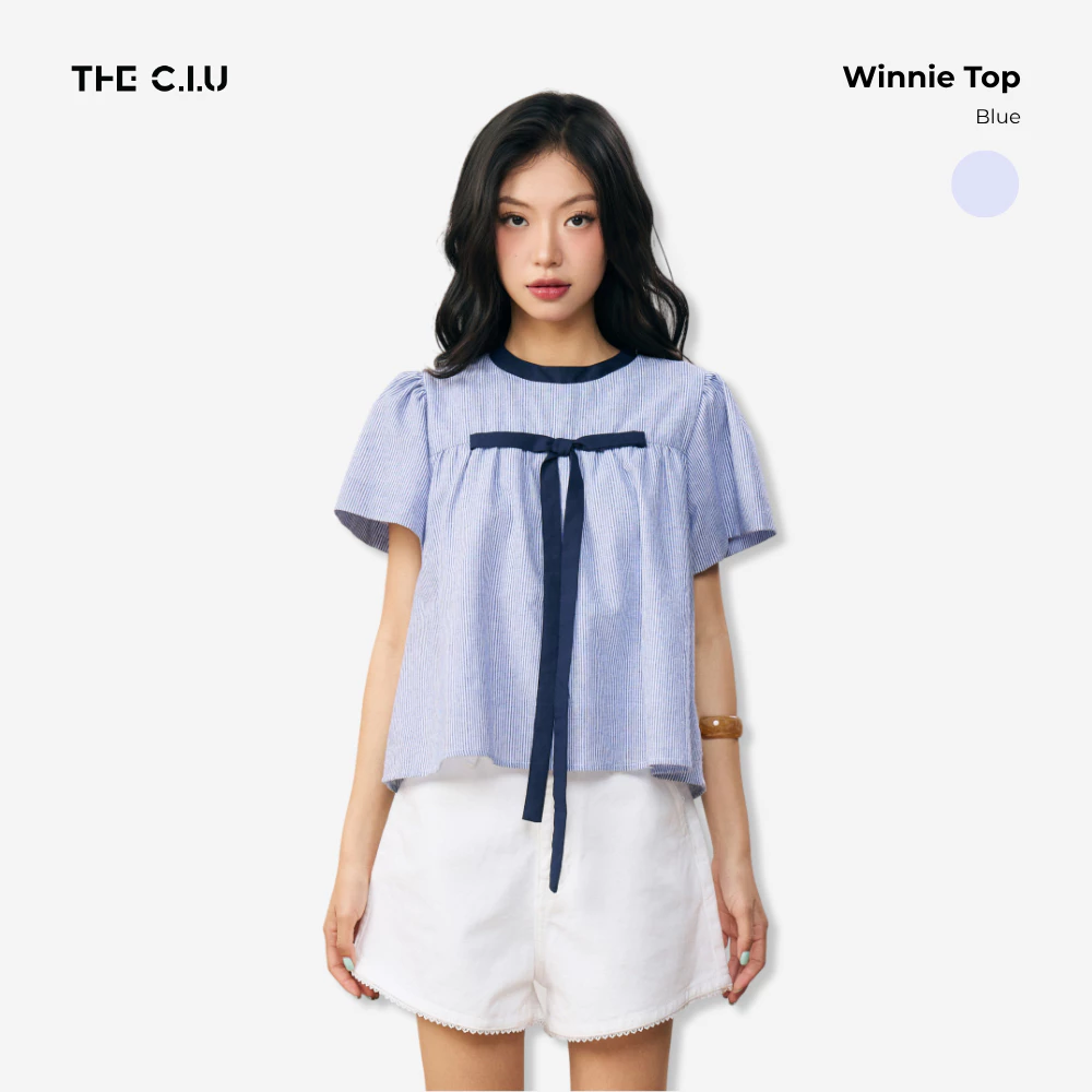 Áo kiểu babydoll  THE C.I.U, áo kiểu nữ sọc viền bo cổ tay phồng phối nơ– Winnie Top