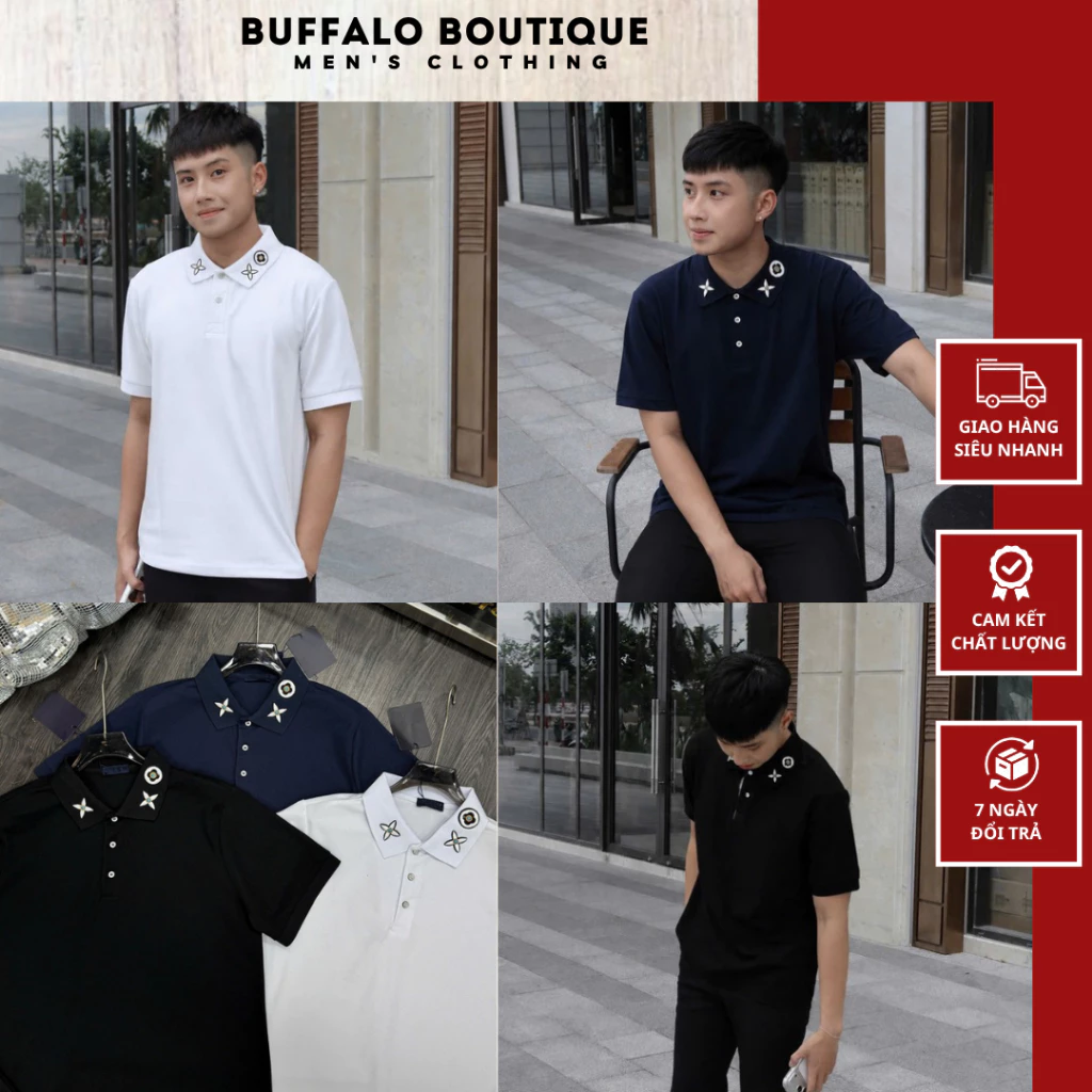Áo Polo Nam Thêu 3 Bông Hoa Trắng Cổ Áo Siêu Nét - Polo Nam Nữ Thêu Hoa Siêu Đẹp