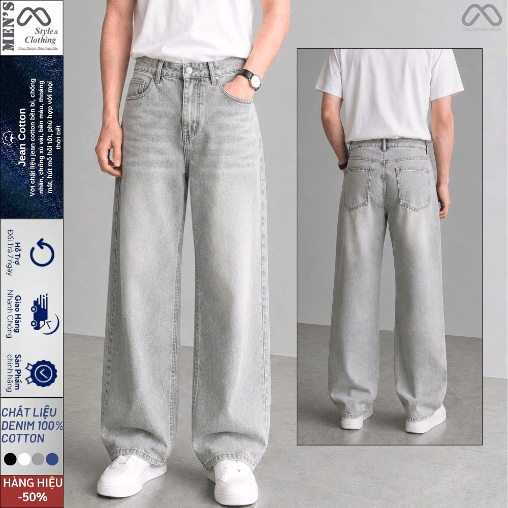 Quần jean nam Xám Bạc ống rộng ELMEN Dáng Suông Màu Đen Xám Wash Smoke Style Hàn Quốc Jean dày dặn Top xu hướng 2026