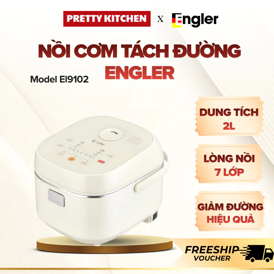 Nồi Cơm Tách Đường Dung Tích 2L Engler EL9102 Chính Hãng,  Lòng nồi Inox 304 nguyên khối có 15 Chức Năng Nấu-Pretty Kit