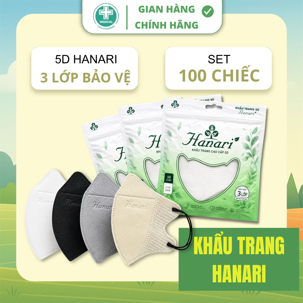 [Set 100 Cái] Khẩu Trang 5D HANARI Mask Đủ Màu Chính Hãng, 3 Lớp Kháng Khuẩn Dễ Thở, Chống Bụi Mịn
