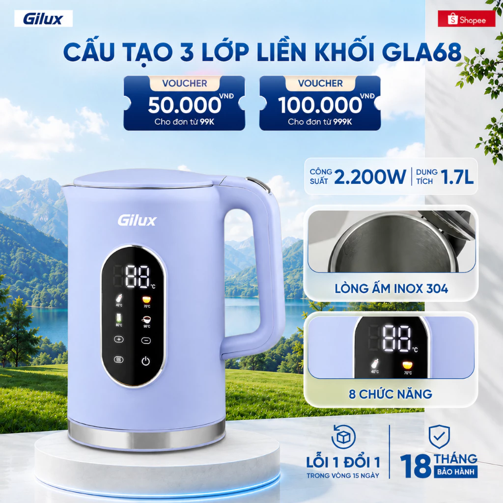 Ấm Siêu Tốc GILUX GLA68 - Dung Tích 1.7L -  Cảm Ứng 8 Chức Năng Thông Minh  - Bảo Hành Chính Hãng 18 Tháng