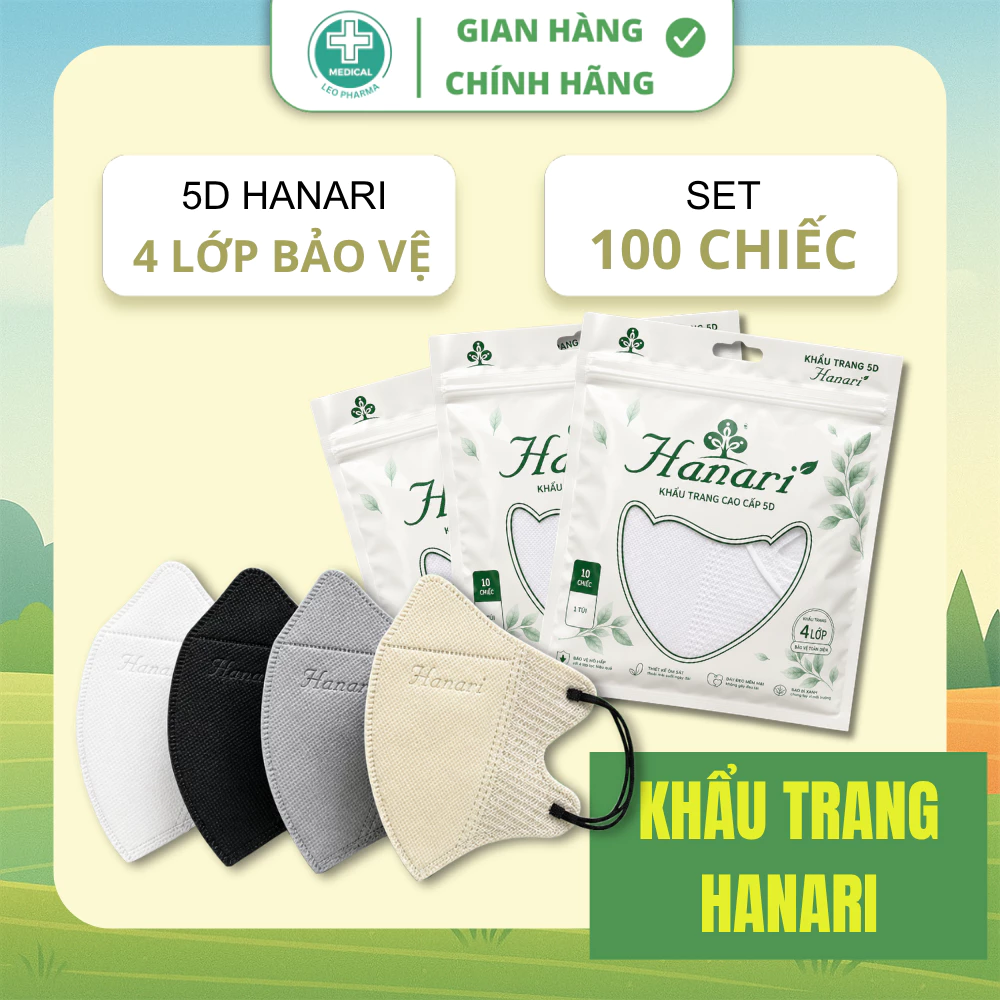 [Set 100 Cái] Khẩu Trang 5D HANARI Mask Đủ Màu Chính Hãng, 4 Lớp Kháng Khuẩn Dễ Thở, Chống Bụi Mịn