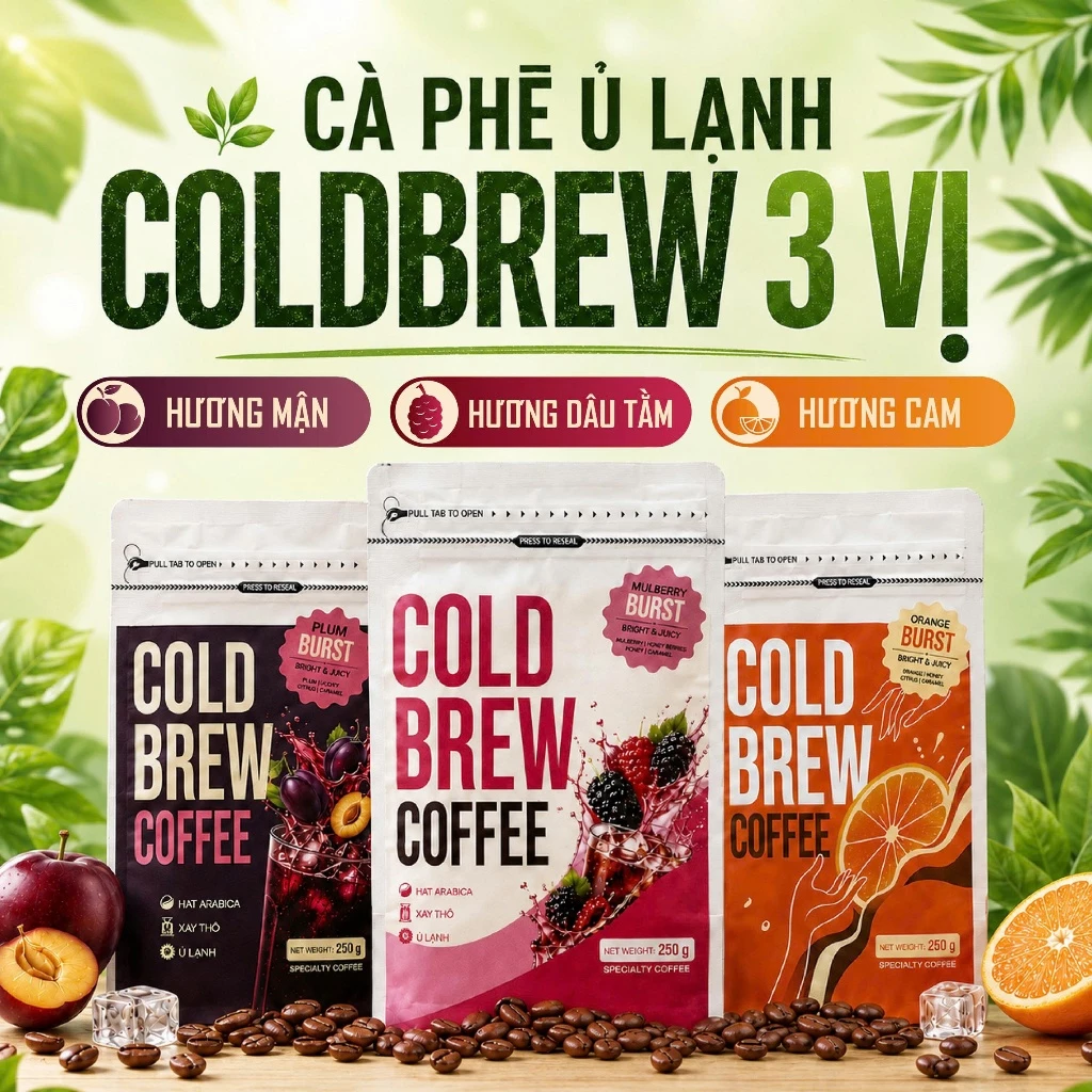 [Tặng Túi Lọc} Cold Brew Cà Phê Ủ Lạnh Cao Cấp Túi 250g 3 Vị Hoa Quả, Hạt Arabica Nguyên Chất