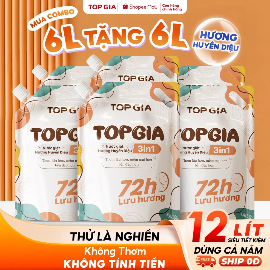 [MUA 6L TẶNG 6L] Nước Giặt Xả TopGia 3in1 Hương Huyền Diệu Thơm Dịu Nhẹ, Lưu Hương 72H, Túi 2L