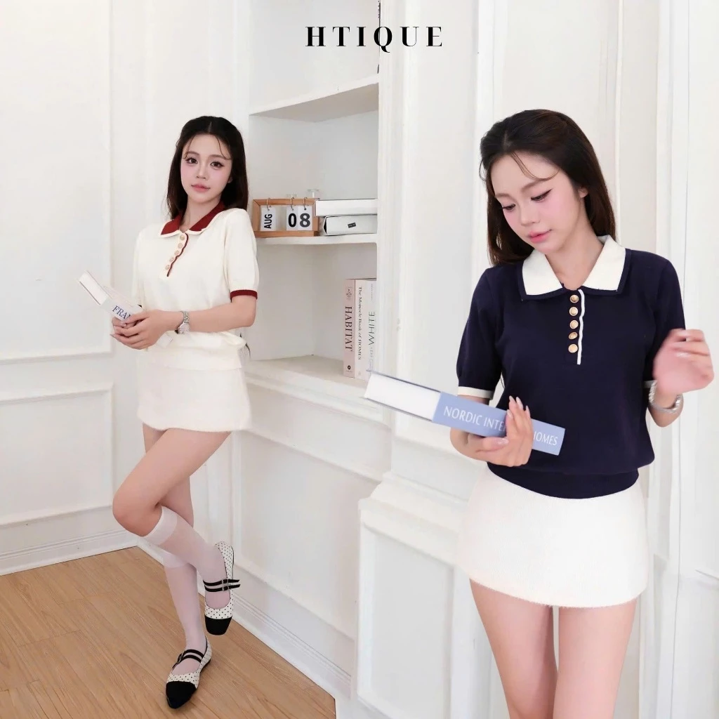 (BACK TO SCHOOL) HTIQUE - Mở Bán Áo Polo Len Dệt Kim Nữ Phối Cổ Cộc Tay Thanh Lịch, Áo Len Công Sở Cổ Đức Bo Viền LN19