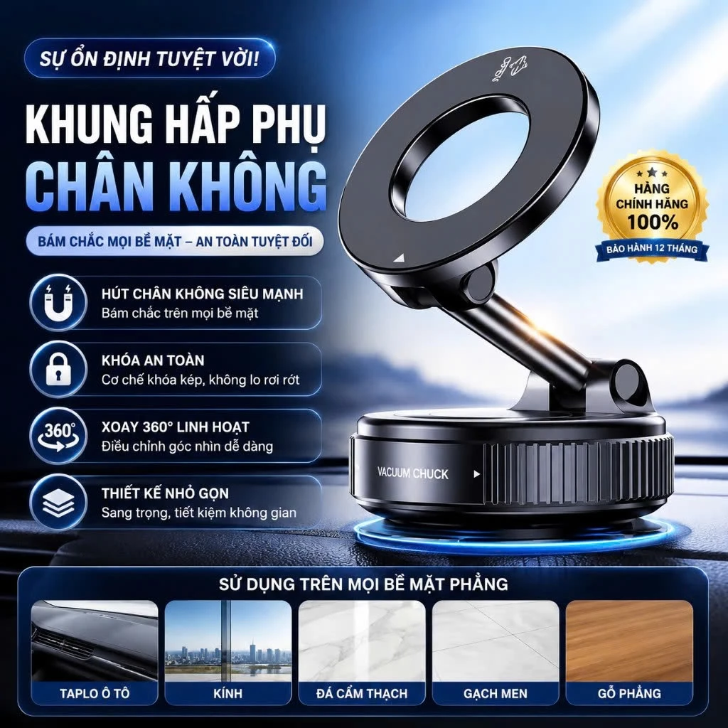 Giá đỡ điện thoại ô tô hút chân không từ tính xoay 360 ° [ HÀNG CAO CẤP ], lực hút chắc chắn