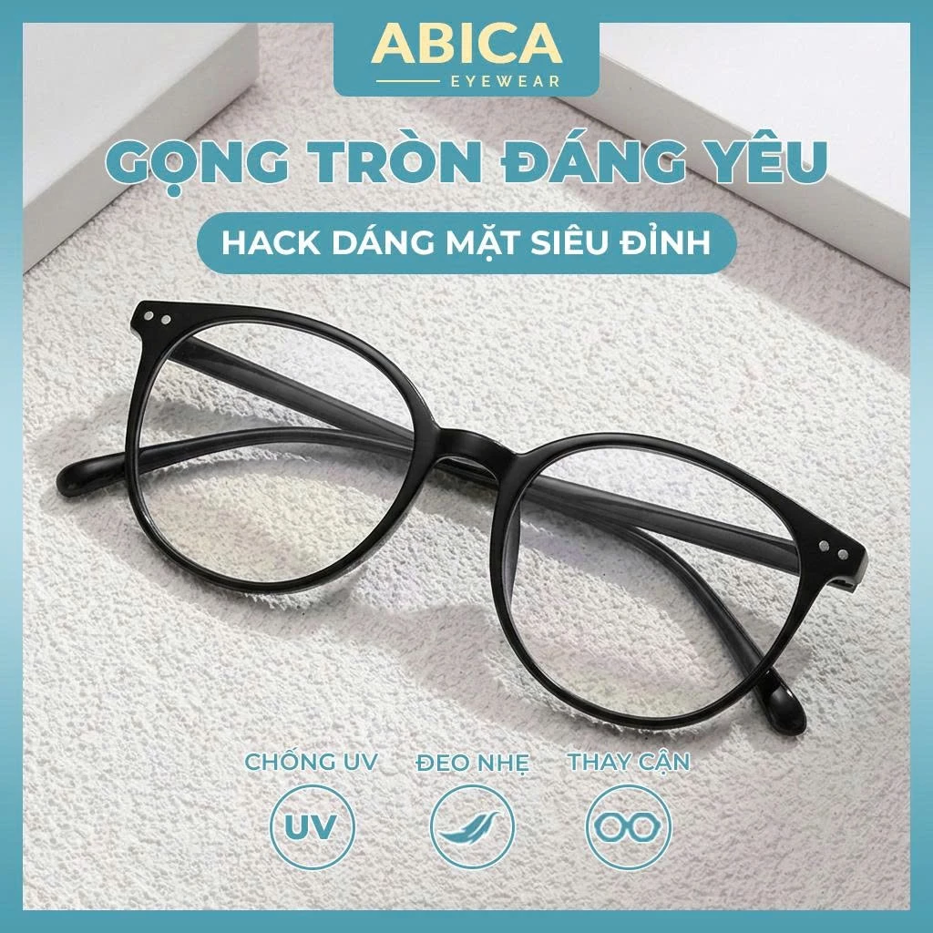 Gọng kính cận mắt kính tròn nam nữ chống tia UV và ánh sáng xanh thời trang Hàn Quốc thay được tròng cận ABICA 574