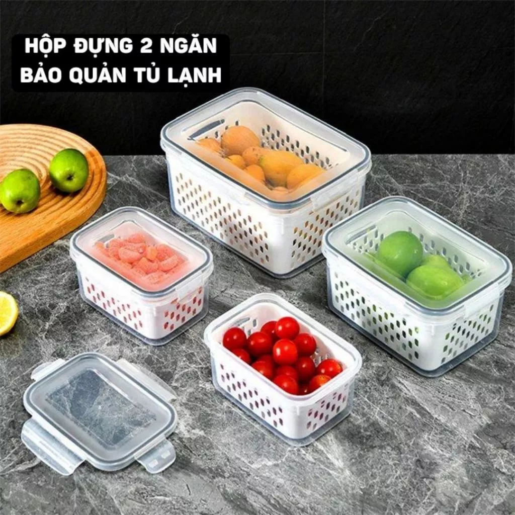 Bộ 3 Hộp Đựng Thực Phẩm Để Tủ Lạnh 2 Lớp Kèm Rổ Ráo Nước Chất Liệu Nhựa PP Cao Cấp