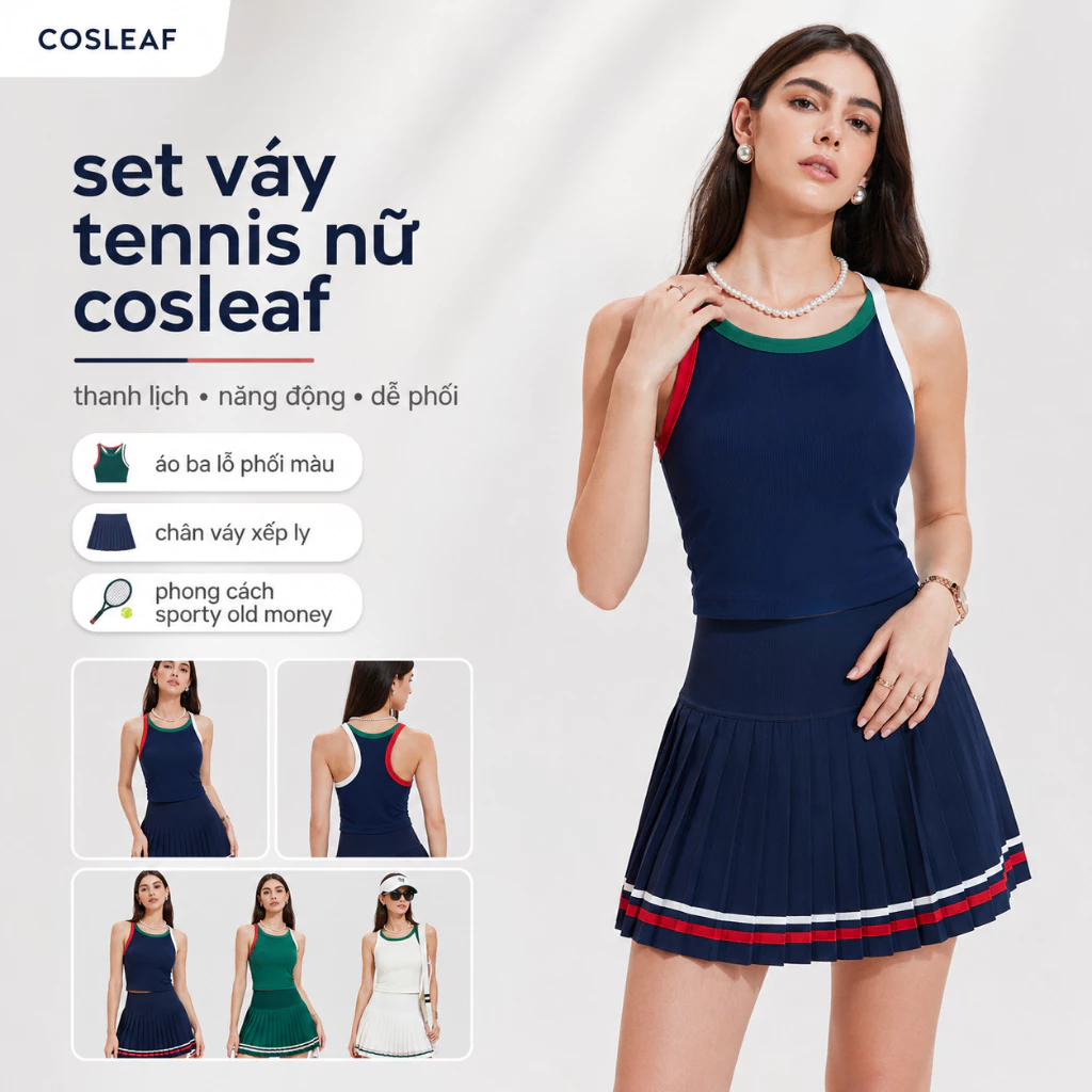 Bộ đồ thể thao nữ pickleball tennis Shiwei COSLEAF áo ba lỗ chân váy xếp ly thời trang năng động 25168