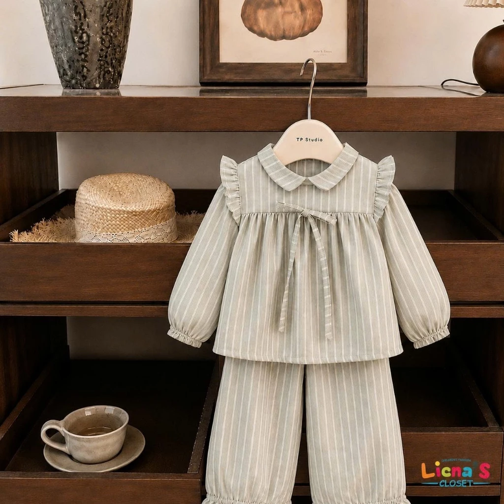 Bộ Đồ Bé Gái Dài Tay Vải Đũi Kẻ Sọc Phong Cách Hàn Quốc, Set Quần Áo Trẻ Em Mềm Mát Liena's Closet