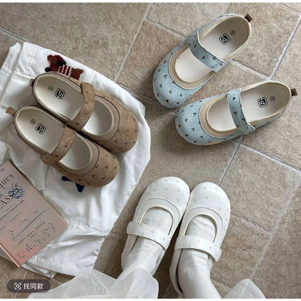 [SVIP]Giày Búp Bê Nữ Quai Dán Họa Tiết Trái Tim Vintage, Phối Lưới Thoáng Khí, Êm Chân Dễ Mang - Lù Store - 6-19