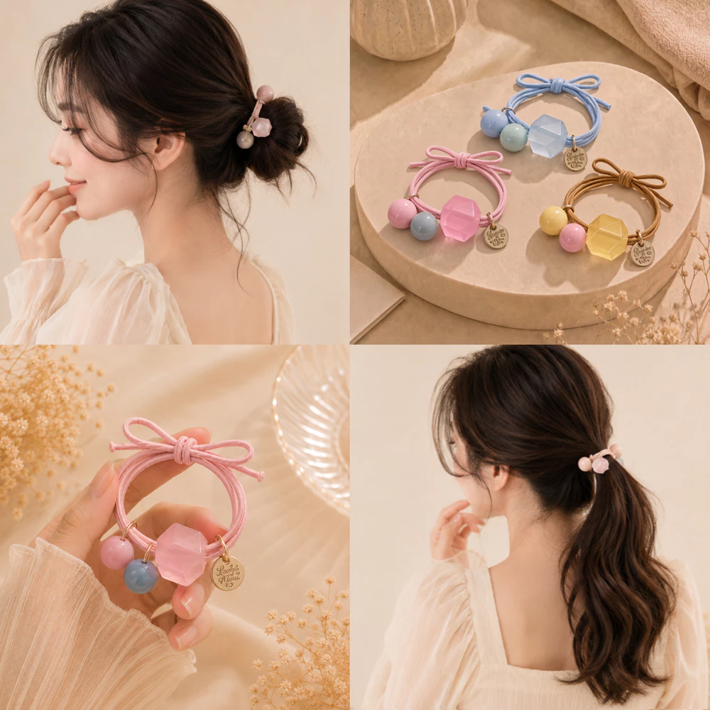 Thun Cột Tóc Hạt Tròn Thiết Kế Nhiều Màu Pastel Xinh Xắn, Phong Cách Hàn Quốc_Khosi16