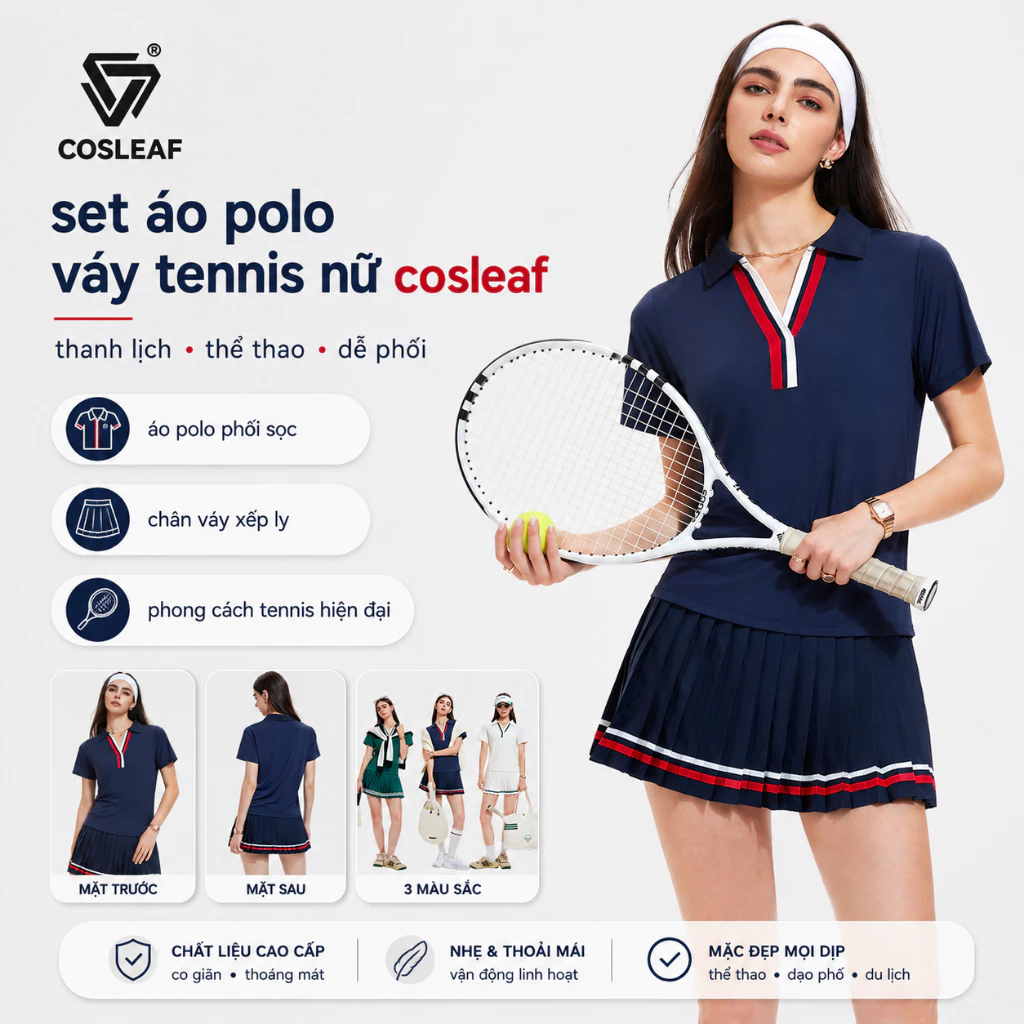 Set váy thể thao nữ chơi pickleball tennis Shiwei áo polo cổ bẻ phối chân váy xếp ly phong cách hàn quốc 25146
