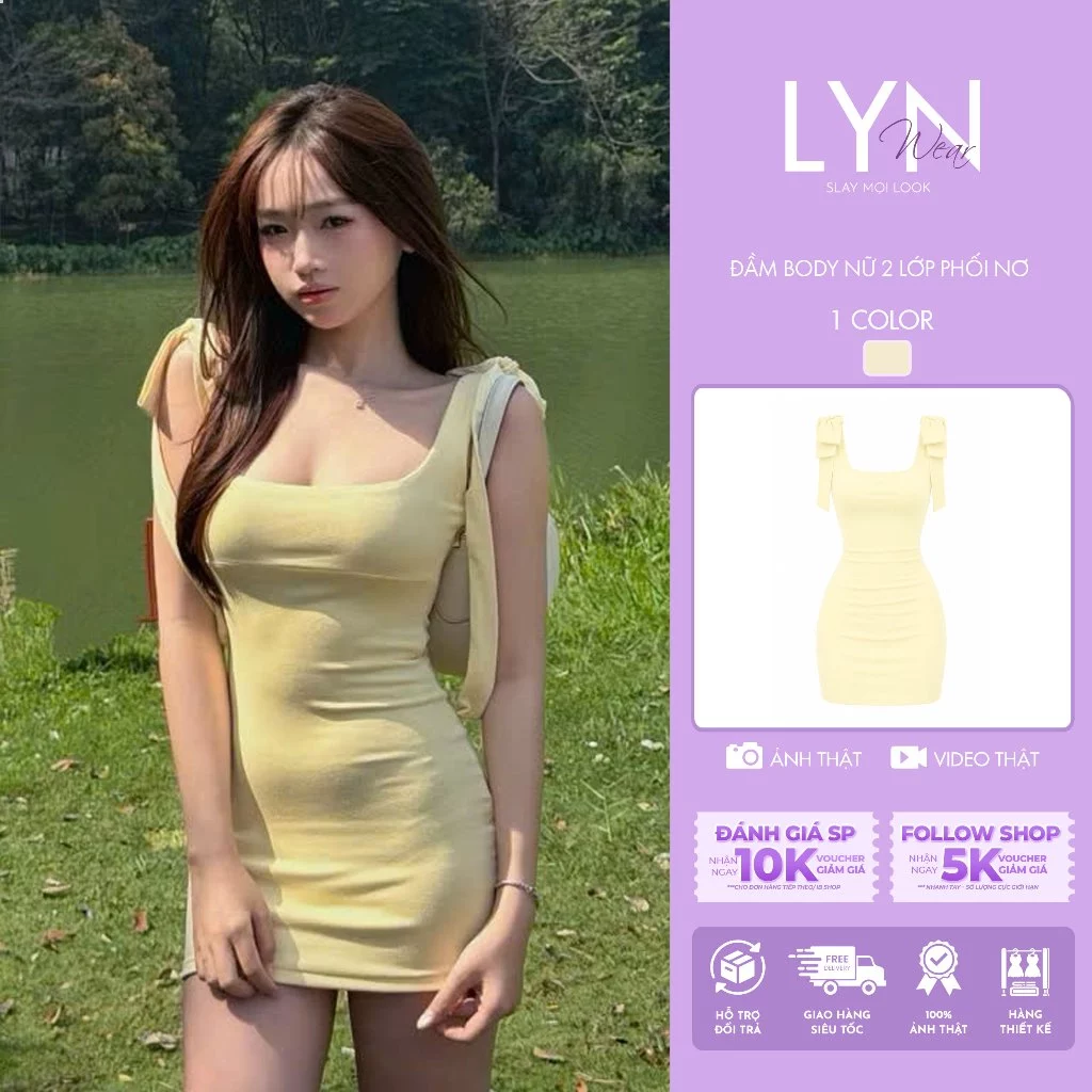| LYN WEAR | Đầm Body Nữ 2 Lớp Phối Nơ Vai Dáng Ôm Chất Rib Cotton Co Giãn 4 Chiều