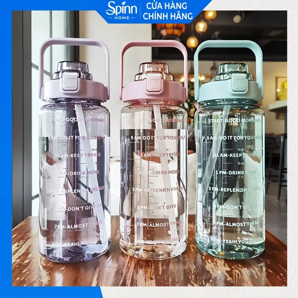 Bình nước 2 lít dung tích lớn thể thao có quai xách, bình nước có ống hút sẵn tiện lợi dễ đem đi