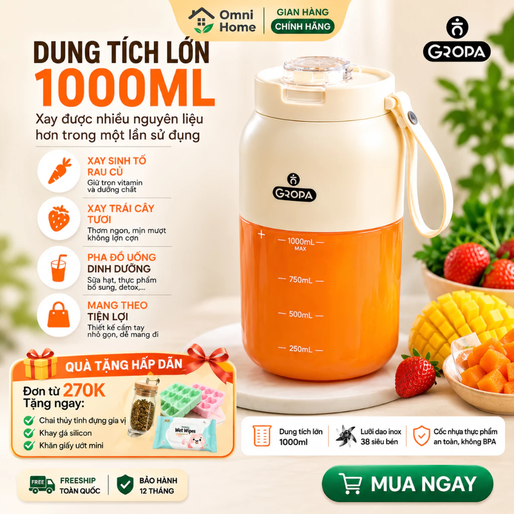Máy Xay Sinh Tố Mini Cầm Tay GROPA 1000ml, Sạc USB, 38 Lưỡi Xay Siêu Mịn, Xay Được Đá, Nhỏ Gọn