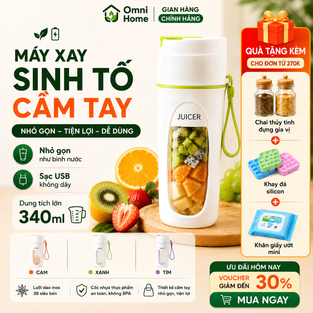 Máy Xay Sinh Tố Mini Cầm Tay Juicer KS-FSV8 340ml, Pin 3000mah, Sạc USB, Dáng Cốc Nhỏ Gọn Mang Theo