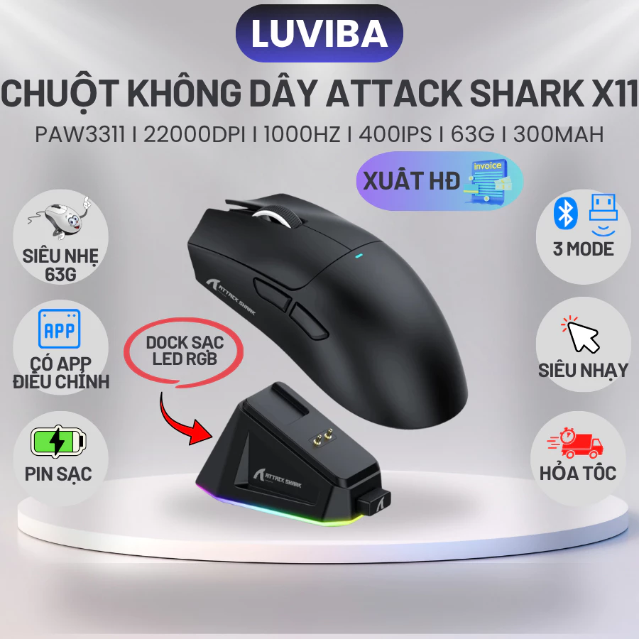 Chuột không dây bluetooth Gaming Attack Shark X11 Chip PRO PAW3311 có dock sạc LED, 22000 DPI