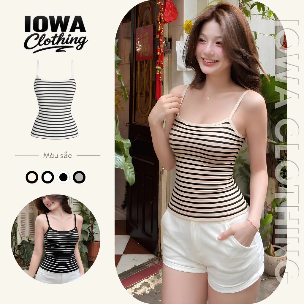 Áo Hai Dây Nữ Mảnh Sọc Ngang Ôm Body IOWA DD19 - Thun Borip Lụa Co Giãn, Mềm Mát