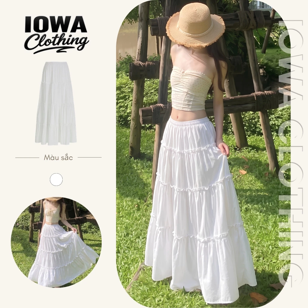 Chân Váy Nữ Xòe Midi 4 Tầng Cạp Chun Lưng Cao IOWA CV19 - Chất Voan Lụa 2 Lớp Có Lót Trong