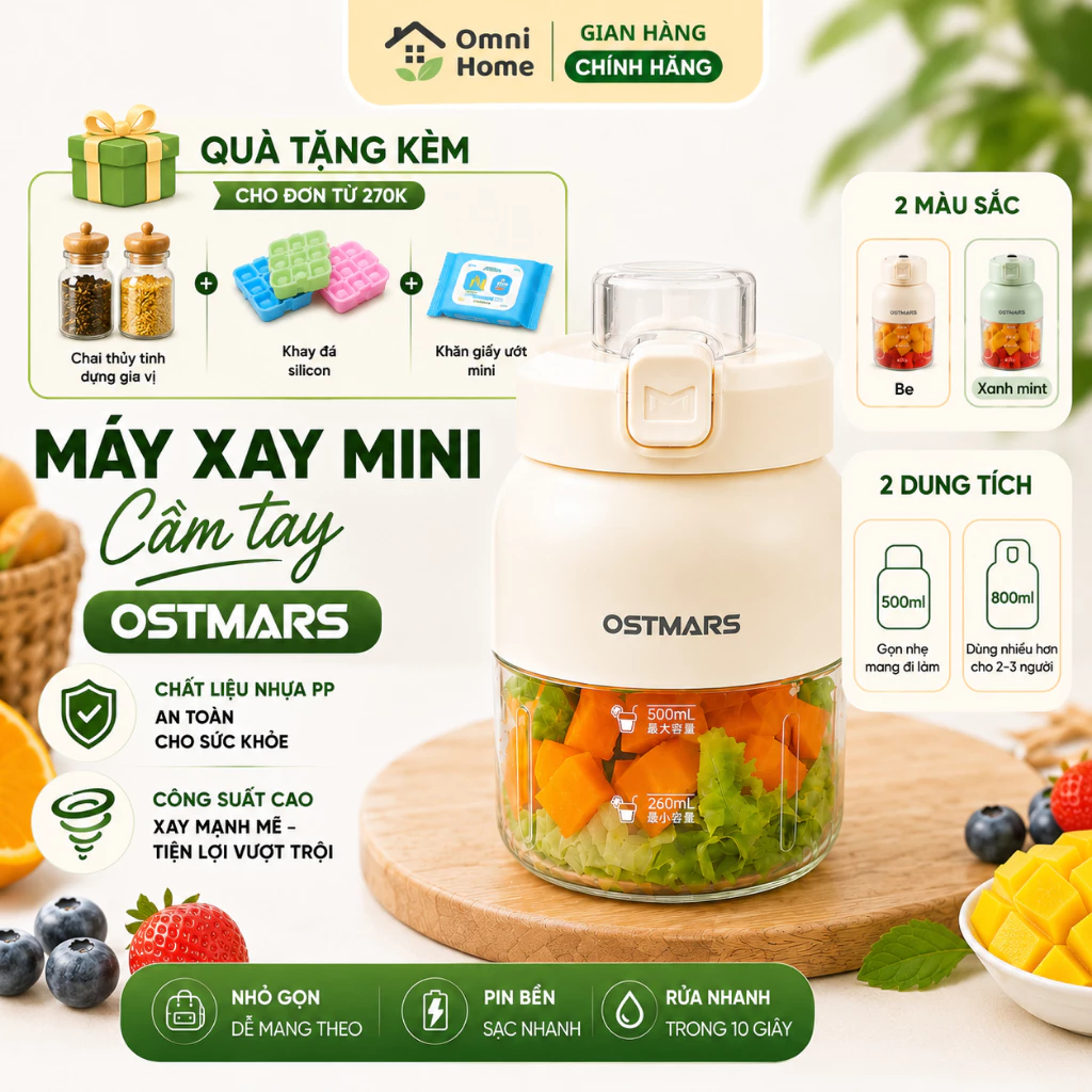 Máy xay sinh tố mini OSTMARS | Xay sinh tố cầm tay, không dây nhỏ gọn tiện lợi | Bảo Hành 1 Năm