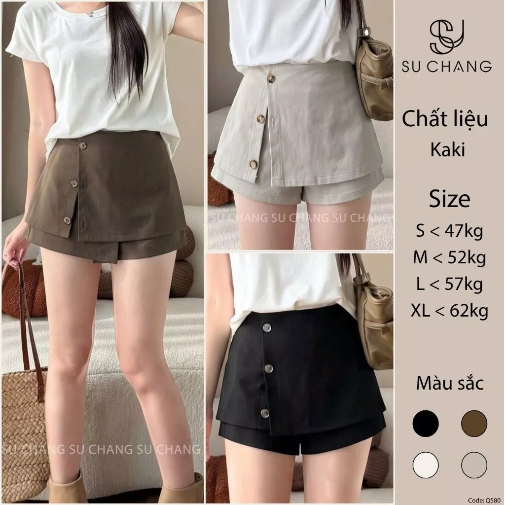 Quần Giả Váy Kaki Cạp Cao Vạt Lệch Cúc Dọc Q580 Su Chang Thời Trang Nữ