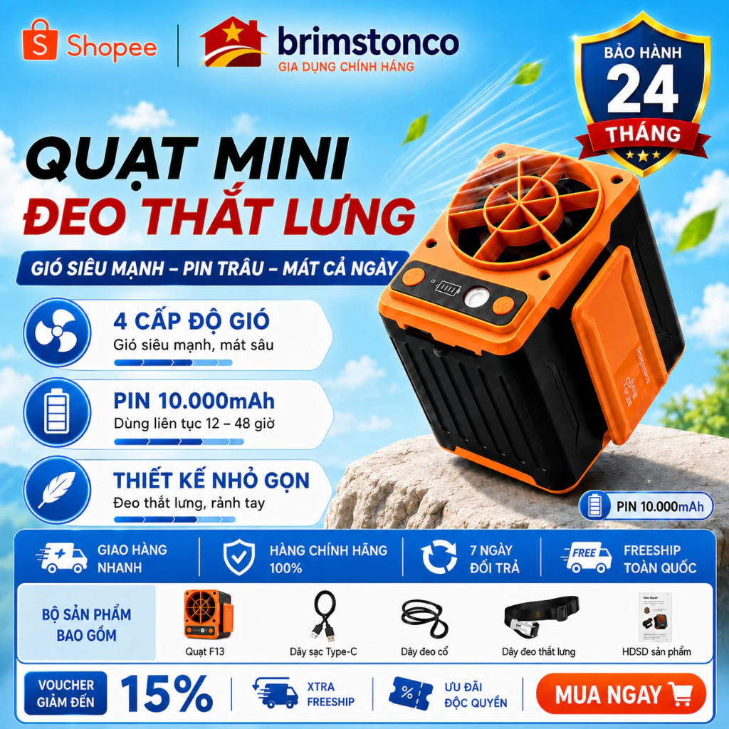 Quạt Mini Đeo Thắt Lưng  F13 Pin 10000mAh, F17 15.000Mah  Gió Siêu Mạnh 4 Cấp, Dùng 12–48H